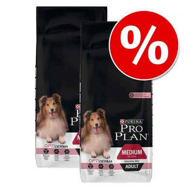 Duas embalagens de Purina Pro Plan Optiderma Medium Adult Sensitive Skin 10–25 kg, com imagem de cão e símbolo de percentagem em destaque, indicando promoção.