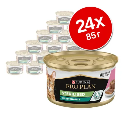 24 банки по 85 г Purina Pro Plan Sterilised Maintenance для кошек, изображение упаковки с котом и кусковым кормом, надпись Designed to be recyclable 24 банки по 85 г Purina Pro Plan Sterilised Maintenance для кошек, изображение упаковки с котом и кусковым кормом, надпись Designed to be recyclable