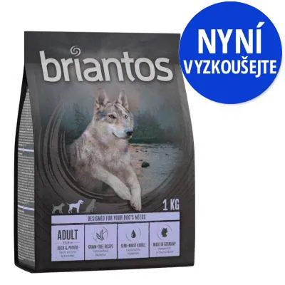 Balení krmiva briantos Adult Duck & Potato 1 kg, nápis NYNÍ VYZKOUŠEJTE, viditelné ikony: grain-free recipe, semi-moist kibble, made in Germany.