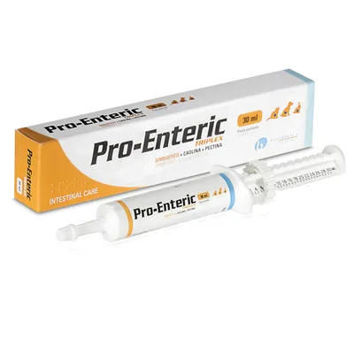 Pro-Enteric Triplex 30 ml, symbiotisch + kaolien + pectine, pasta in doseerspuit en verpakking. Tekst: Intestinal Care, geschikt voor hond, kat, konijn (afbeeldingen zichtbaar).