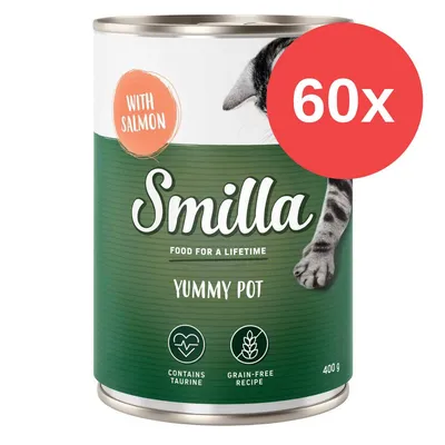 Smilla Yummy Pot with salmon, contiene taurina, ricetta senza cereali, 400 g. Confezione da 60x. Testo in inglese: Food for a lifetime, contains taurine, grain-free recipe. Smilla Yummy Pot with salmon, contiene taurina, ricetta senza cereali, 400 g. Confezione da 60x. Testo in inglese: Food for a lifetime, contains taurine, grain-free recipe.