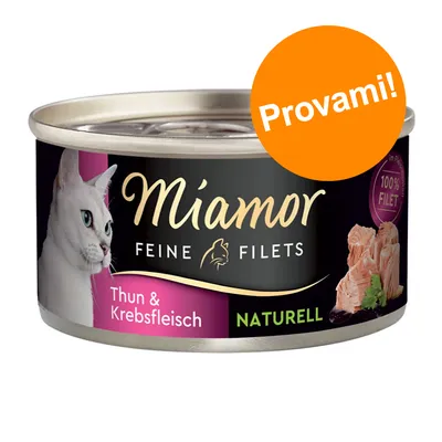 Miamor Feine Filets Thun & Krebsfleisch Naturell, 100% Filet. Etichetta con gatto e scritta arancione: Provami! Testo in tedesco visibile sull'etichetta.