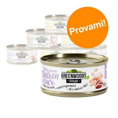 Scatolette Greenwoods Delight, visibili vari gusti tra cui Chicken n' Duck. Testo sulla confezione: 70% chicken fillet, limited ingredients. Bollino arancione con scritta 'Provami!'.