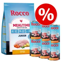 Rocco Mealtime Junior Chicken kompletní krmivo pro psy, balení granulí a konzervy s textem 'Poultry, chicken hearts & rice', sleva označená symbolem %.