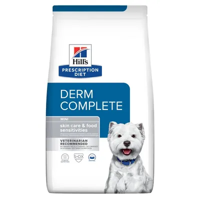 Bag labelled Prescription Diet Derm Complete Mini for skin care and food sensitivities, veterinarian recommended. Includes icons for nutrition, S+OX shield, and original formula.
