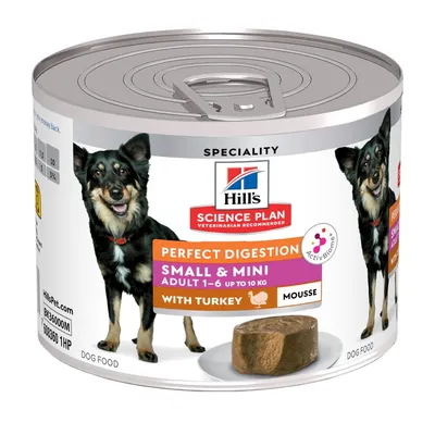 Konzerva Hill's Science Plan Perfect Digestion Small & Mini Adult 1–6 up to 10 kg with Turkey Mousse, obrázek psa a porce krmiva na talíři, nápis ActivBiome+. Konzerva Hill's Science Plan Perfect Digestion Small & Mini Adult 1–6 up to 10 kg with Turkey Mousse, obrázek psa a porce krmiva na talíři, nápis ActivBiome+.