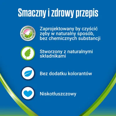 Smaczny i zdrowy przepis. Zaprojektowany by czyścić zęby w naturalny sposób, bez chemicznych substancji. Stworzony z naturalnymi składnikami. Bez dodatku kolorantów. Niskotłuszczowy.