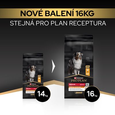 Purina Pro Plan Medium Adult, nové balení: přechod ze 14, na 16 kg, stejná receptura.