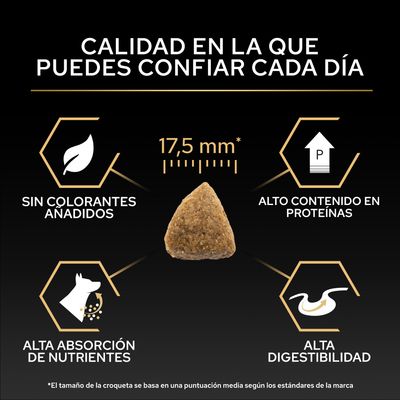 Tamaño de croqueta, 17,5 mm, sin colorantes añadidos, alto contenido de proteínas, elevada absorción de nutrientes y alta digestibilidad. Calidad en la que puede confiar cada día.