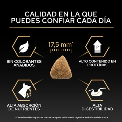 Tamaño de croqueta, 17,5 mm, sin colorantes añadidos, alto contenido de proteínas, elevada absorción de nutrientes y alta digestibilidad. Calidad en la que puede confiar cada día. Tamaño de croqueta, 17,5 mm, sin colorantes añadidos, alto contenido de proteínas, elevada absorción de nutrientes y alta digestibilidad. Calidad en la que puede confiar cada día.
