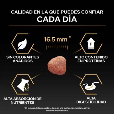 Tamaño de croqueta 16,5 mm, sin colorantes añadidos, alto contenido de proteínas, alta absorción de nutrientes y alta digestibilidad.