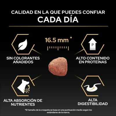 Tamaño de croqueta 16,5 mm, sin colorantes añadidos, alto contenido de proteínas, alta absorción de nutrientes y alta digestibilidad.