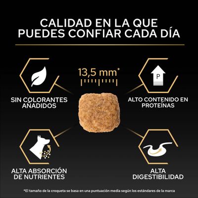 Croqueta con un diámetro de 13,5 mm. Sin colorantes, alto contenido en proteínas, alta absorción de nutrientes y alta digestibilidad según la imagen.