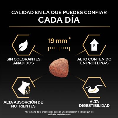 Tamaño de croqueta 19 mm, sin colorantes, alto contenido de proteínas, alta absorción de nutrientes y alta digestibilidad según la imagen.