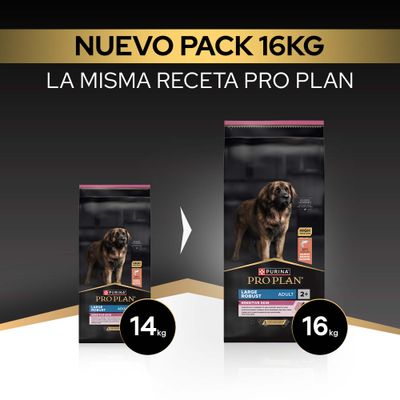 Nuevo pack Purina Pro Plan Large Robust Adult Sensitive Skin con 16 kg, en lugar de 14 kg, misma receta. Se muestran dos sacos de pienso comparados.