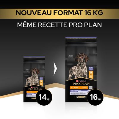 Purina Pro Plan All Sizes Adulte 1+ Protéine et Énergie, nouveau format 16 kg, même recette qu'auparavant 14 kg.