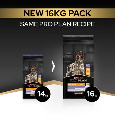 Purina Pro Plan All Sizes Adult сега в нова опаковка от 16, кг, досега 14, кг. Същата рецепта както преди.