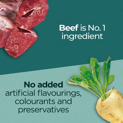 Beef is No. 1 ingredient. No added artificial flavourings, colourants and preservatives. (angol nyelvű szöveg a képen)