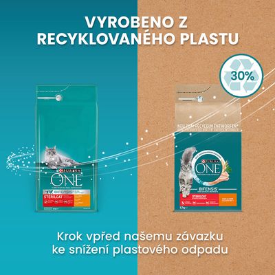 PURINA ONE Sterilcat. Vyrobené z recyklovaného plastu, 30 %. Text v češtine: Krok vpřed našemu závazku ke snížení plastového odpadu.