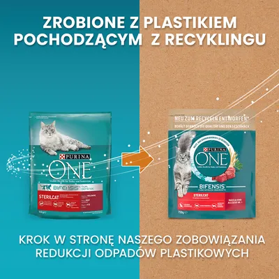 Purina ONE Sterilcat, opakowanie z plastiku pochodzącego z recyklingu. Krok w stronę redukcji odpadów plastikowych. Widoczne dwa opakowania karmy dla kotów.