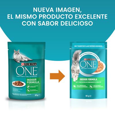 Comparativa de dos envases de Purina ONE Indoor Formula para gatos, 85 g. Texto: Nueva imagen, el mismo producto excelente con sabor delicioso.