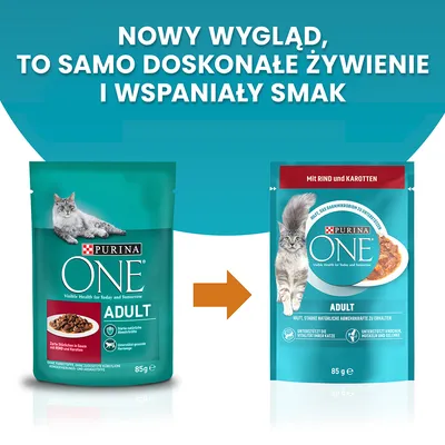 Porównanie starego i nowego opakowania Purina ONE Adult 85 g dla kotów. Widoczny napis: Nowy wygląd, to samo doskonałe żywienie i wspaniały smak.