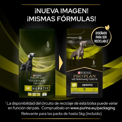 Comparativa de dos envases de Purina Pro Plan Veterinary Diets HP Hepatic para perros, con texto: '¡Nueva imagen! ¡Mismas fórmulas!' y 'Diseñado para ser reciclable'.