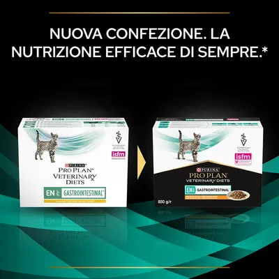 Purina Pro Plan Veterinary Diets EN Gastrointestinal per gatti, vecchia e nuova confezione mostrate. Testo: Nuova confezione. La nutrizione efficace di sempre.*