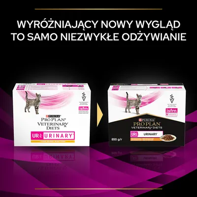Porównanie opakowań karmy PURINA PRO PLAN VETERINARY DIETS UR Urinary dla kotów: stary i nowy wygląd, widoczna masa 850 g/r, logo ISFM, tekst: Wyróżniający nowy wygląd to samo niezwykłe odżywianie.