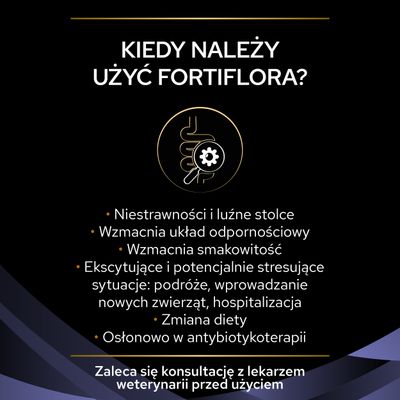 Kiedy należy użyć Fortiflora? Niestrawności i luźne stolce, wzmacnia układ odpornościowy, smakowitość, stresujące sytuacje, zmiana diety, osłonowo w antybiotykoterapii. Zaleca się konsultację z lekarzem weterynarii przed użyciem.
