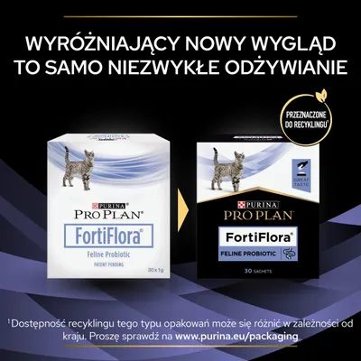 Purina Pro Plan FortiFlora Feline Probiotic – porównanie starego i nowego opakowania, 30 x 1 g oraz 30 saszetek. Przeznaczone do recyklingu. Great Taste.