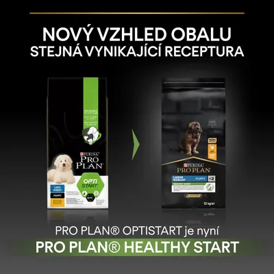 Porovnání starého a nového obalu krmiva Purina Pro Plan pro štěňata, nápis: Nový vzhled obalu, stejná vynikající receptura. PRO PLAN OPTISTART je nyní PRO PLAN HEALTHY START.