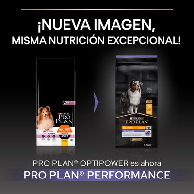 Comparativa de envases: Purina Pro Plan OptiPower Adult All Size cambia a Pro Plan Performance Adult All Sizes 1+, bolsa de 14 kg. Texto: Nueva imagen, misma nutrición excepcional.