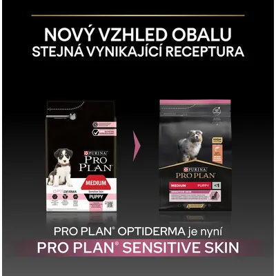 Porovnání starého a nového obalu krmiva PURINA PRO PLAN Medium Puppy Sensitive Skin. Text: Nový vzhled obalu, stejná vynikající receptura. OPTIDERMA je nyní SENSITIVE SKIN.