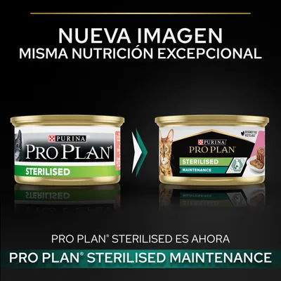 Cambio de imagen en latas Purina Pro Plan Sterilised para gatos: antes 'Sterilised', ahora 'Sterilised Maintenance'. Texto: Nueva imagen, misma nutrición excepcional.