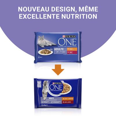 Imagine cu două ambalaje Purina ONE Adulte pentru pisici, vechi și nou, cu text în franceză: 'Nouveau design, même excellente nutrition'. Săgeată portocalie indică tranziția de la vechi la nou.