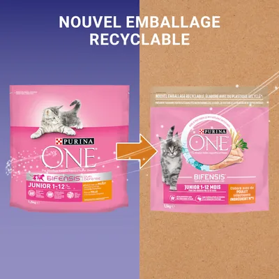 Стара и нова опаковка на PURINA ONE Bifensis Junior 1–12 месеца, 1,5 кг. Текст на френски: Nouvel emballage recyclable.