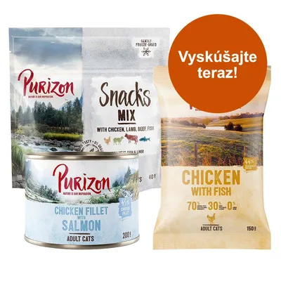 Purizon maškrty Mix s kuracím, jahňacím, hovädzím, rybou; Kuracie filé s lososom pre dospelé mačky; Kuracie s rybou pre dospelé mačky. Vyskúšajte teraz! Purizon maškrty Mix s kuracím, jahňacím, hovädzím, rybou; Kuracie filé s lososom pre dospelé mačky; Kuracie s rybou pre dospelé mačky. Vyskúšajte teraz!
