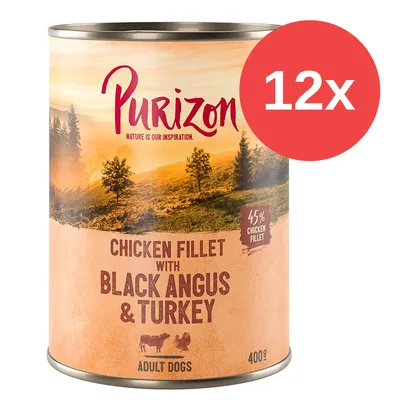 Lata de Purizon Chicken Fillet with Black Angus & Turkey, 45% chicken fillet, para perros adultos, 400 g. Paquete de 12 unidades.