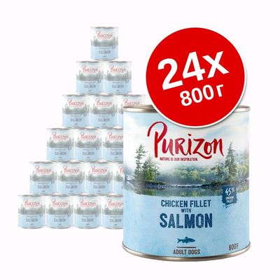 24 банки по 800 г Purizon Chicken Fillet with Salmon для взрослых собак, 45 % куриного филе. Видны упаковки с надписями и изображением природы.