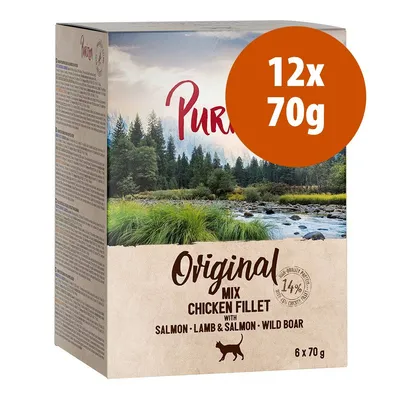Confezione Purizon Original Mix Chicken Fillet with Salmon, Lamb & Salmon, Wild Boar per gatti, 12x70g, visibile scritta 14% chicken fillet, immagine paesaggio naturale.