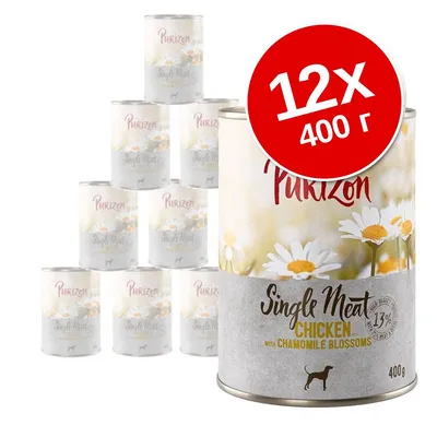 Purizon Single Meat Chicken with Chamomile Blossoms, 12×400 г. На упаковке изображены ромашки и собака. Видны надписи: 13% meat only, 400 г.