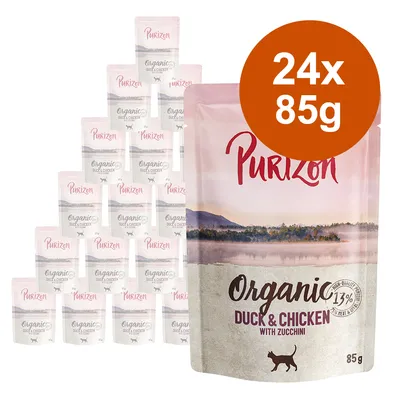 Purizon Organic Duck & Chicken with Zucchini, 24 x 85 g poser kattemad. Synlig tekst: Organic, Duck & Chicken, with zucchini, 13 % meat & bouillon, 85 g.