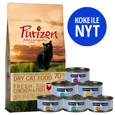 Purizon Dry Cat Food -pussi, jossa musta kissa, tekstiä englanniksi. Seitsemän Cosma Nature -kissanruokapurkkia eri makuina. Sininen ympyrä: KOKEILE NYT.