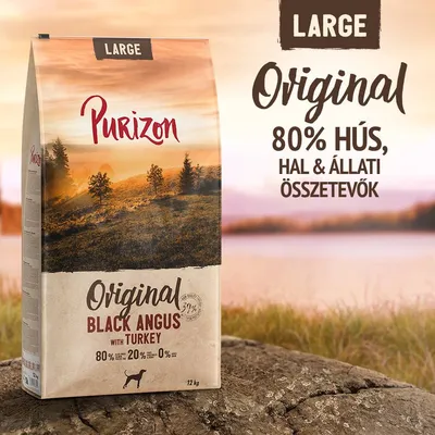 Purizon Original Black Angus with Turkey, 12 kg, LARGE. 80% hús, hal & állati összetevők, 20% zöldség, 0% gabona. Kutya sziluett látható a csomagoláson.