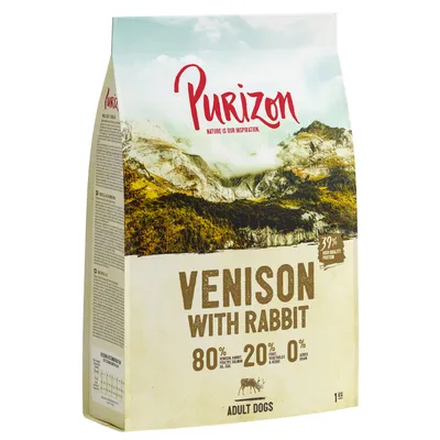 Purizon Adult Dogs droogvoer, hert met konijn, 80% vlees, 20% fruit en groente, 0% granen, 39% hoogwaardige eiwitten. Verpakkingsgrootte: 1kg.
