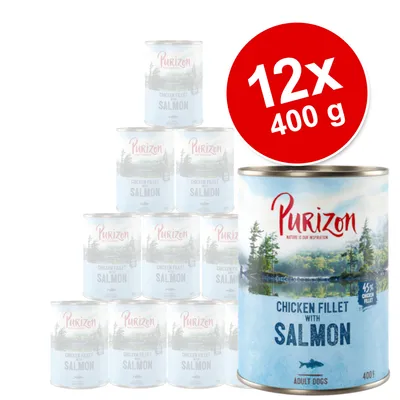 Purizon Chicken Fillet with Salmon konzerv felnőtt kutyáknak, 12×400 g csomagolás, 45% csirkefilé. Felirat: 12x 400 g.