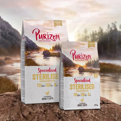 Purizon Specialised Sterilised Adult Cats, kip met vis, 70% vlees, 30% groente, 0% granen. Verpakking van 2,5 kg en grotere maat zichtbaar.