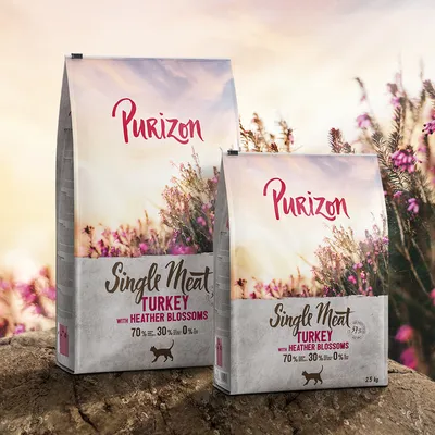 Purizon Single Meat Turkey с цветове от хедър. 70% месо, 30% зеленчуци, 0% зърнени. Опаковка в два размера: 2,5 кг и 12 кг.