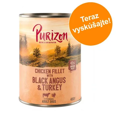 Purizon Chicken Fillet with Black Angus & Turkey, 45 % chicken fillet, 400 g, pre dospelých psov. Oranžový kruh s textom: Teraz vyskúšajte! Purizon Chicken Fillet with Black Angus & Turkey, 45 % chicken fillet, 400 g, pre dospelých psov. Oranžový kruh s textom: Teraz vyskúšajte!